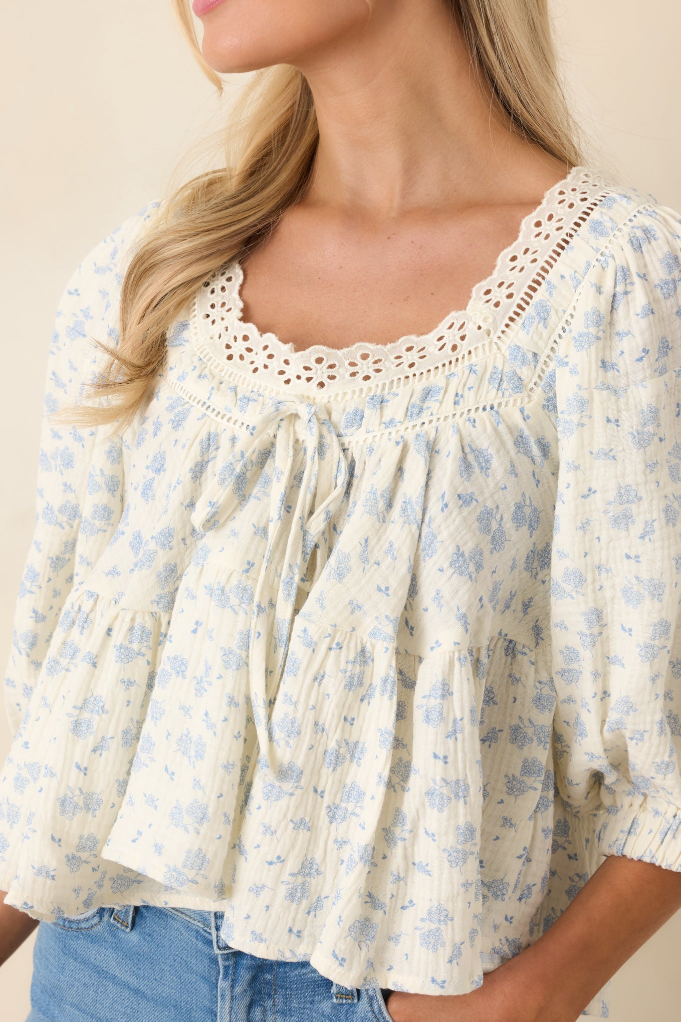 Sweetest Story Ivory & Blue Floral Cotton Blouse