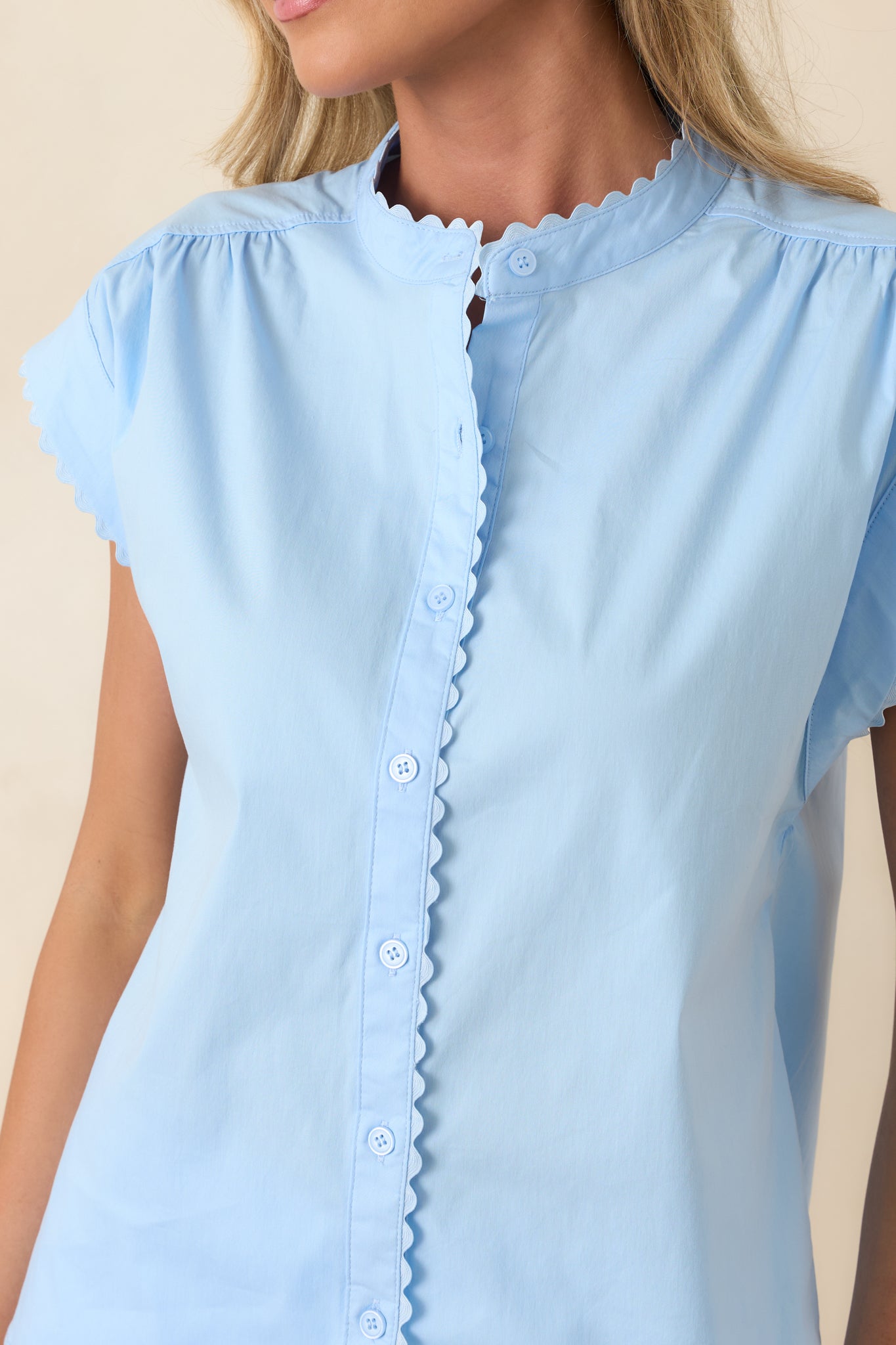 Oh, So Charming Light Blue Scalloped Trim Button Front Top