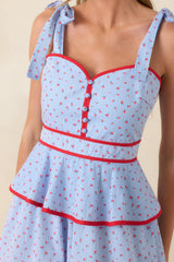 Sweet Tea in July Light Blue & Red Cotton Floral Stripe Peplum Midi Dress
