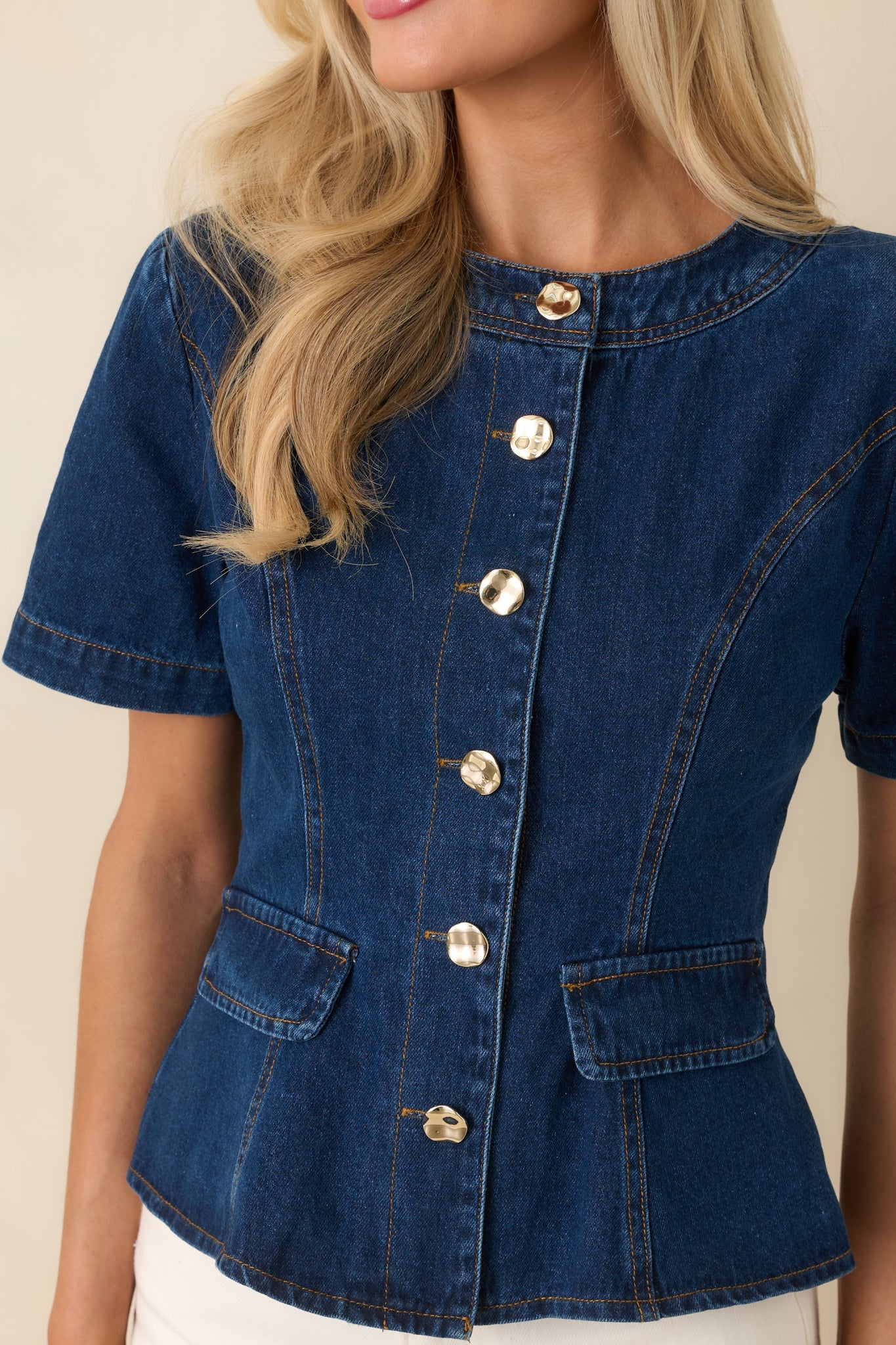 No Notes Needed Indigo Cotton Denim Button Front Top
