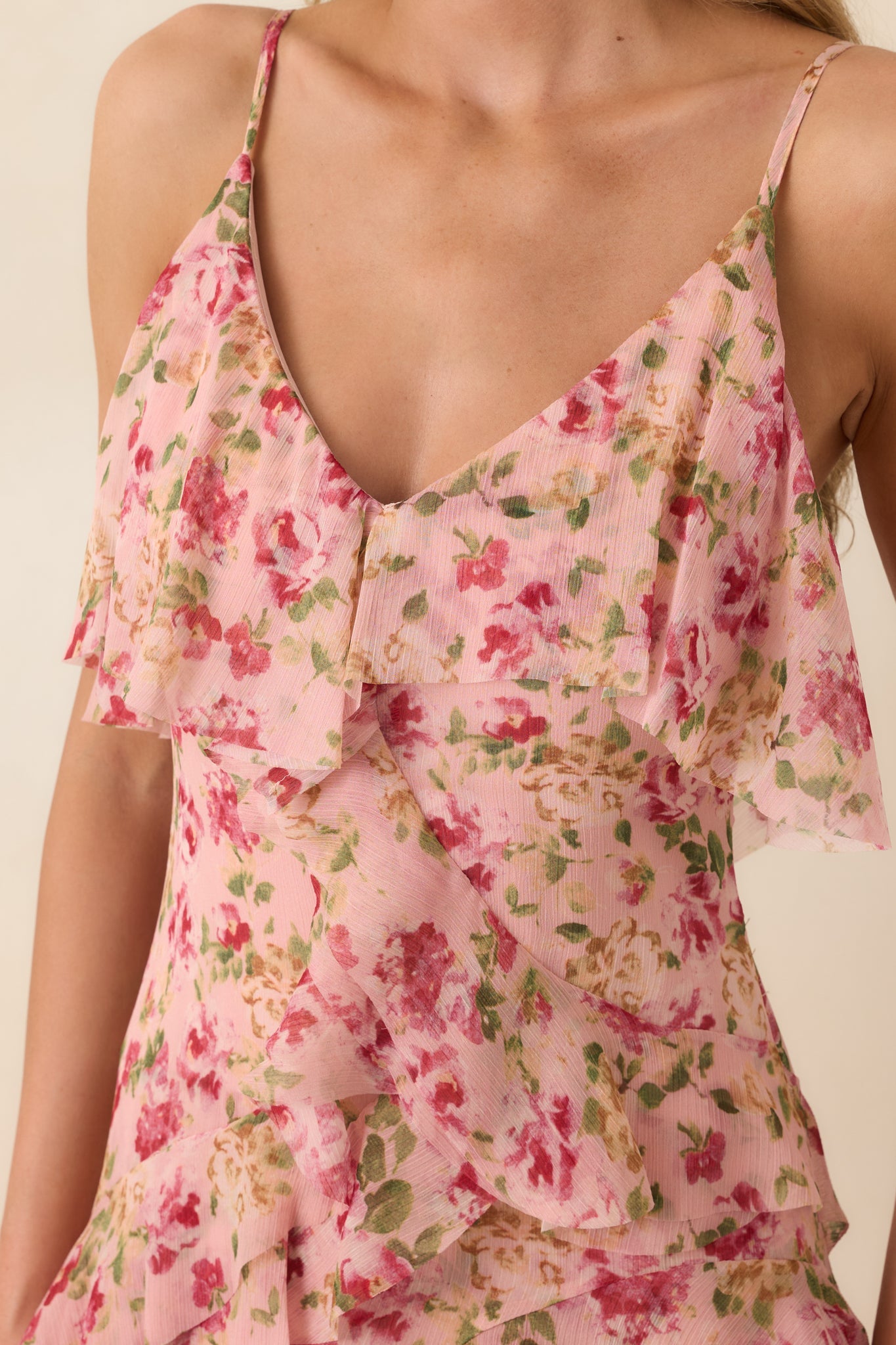Keep Me Twirling Blush Pink Multi Floral Ruffle Asymmetrical Maxi Dress
