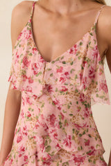 Keep Me Twirling Blush Pink Multi Floral Ruffle Asymmetrical Maxi Dress