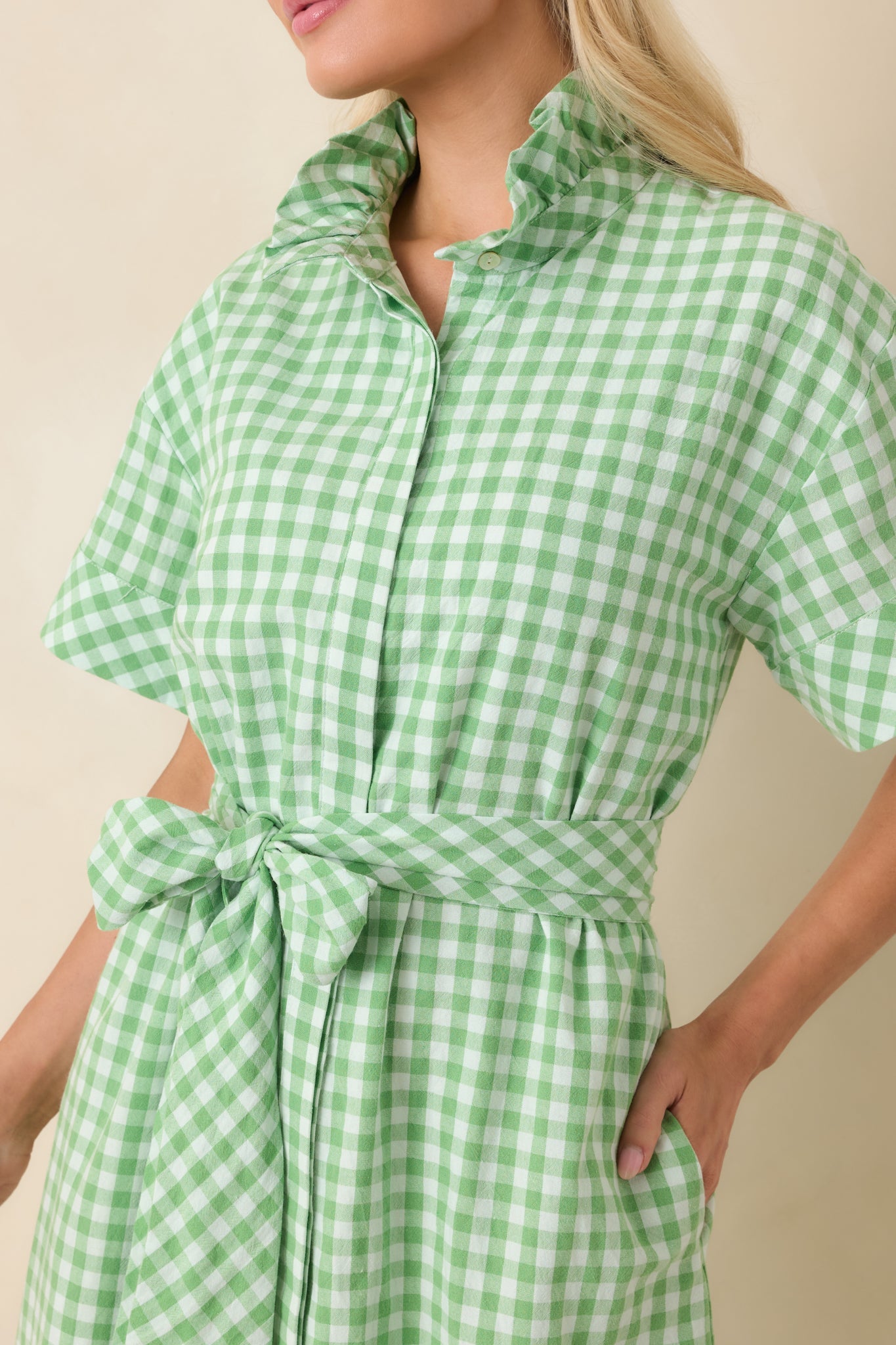 Check Me Out Green Gingham Ruffle Collar Belted Maxi Dress