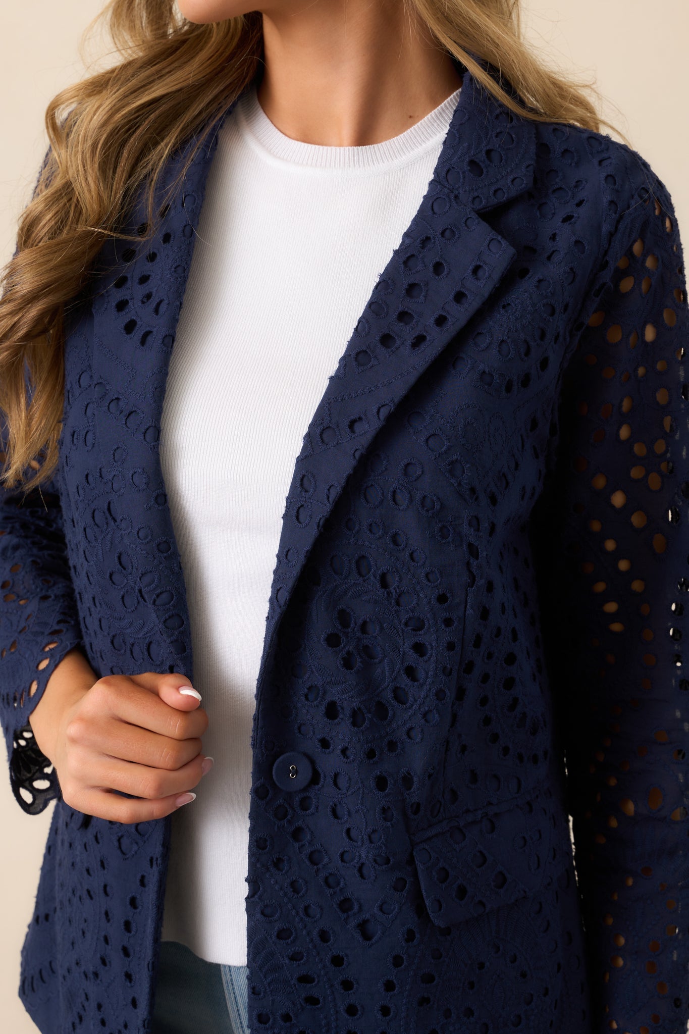 In Your Element Navy Cotton Embroidered Eyelet Blazer