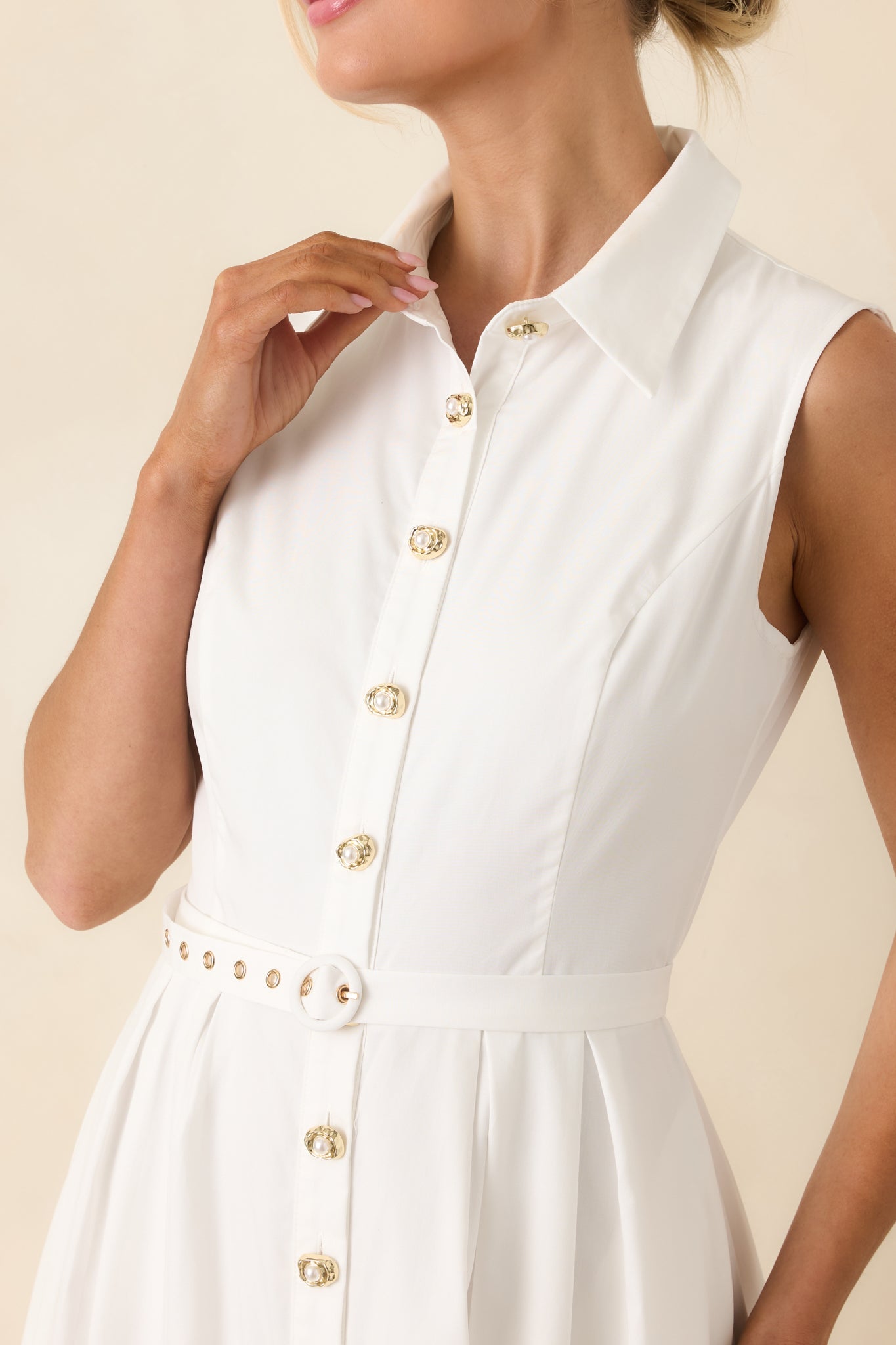 What Can I Say White Cotton Sleeveless Button Front Belted Maxi Dress