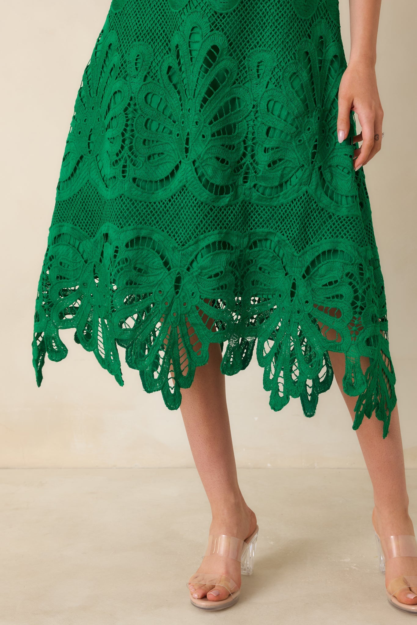 Where the Party Is Green Lace V-Neck Sleeveless Midi Dress