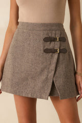 Speak Your Mind Brown Herringbone Buckle Wrap Skort