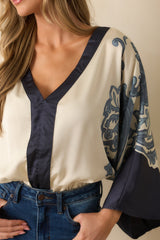With That Said Navy Multi Print Contrast Trim Kimono Sleeve Bodysuit