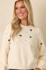 Petals and Pearls Ivory Multi Knit Floral Embroidered Crewneck Sweater