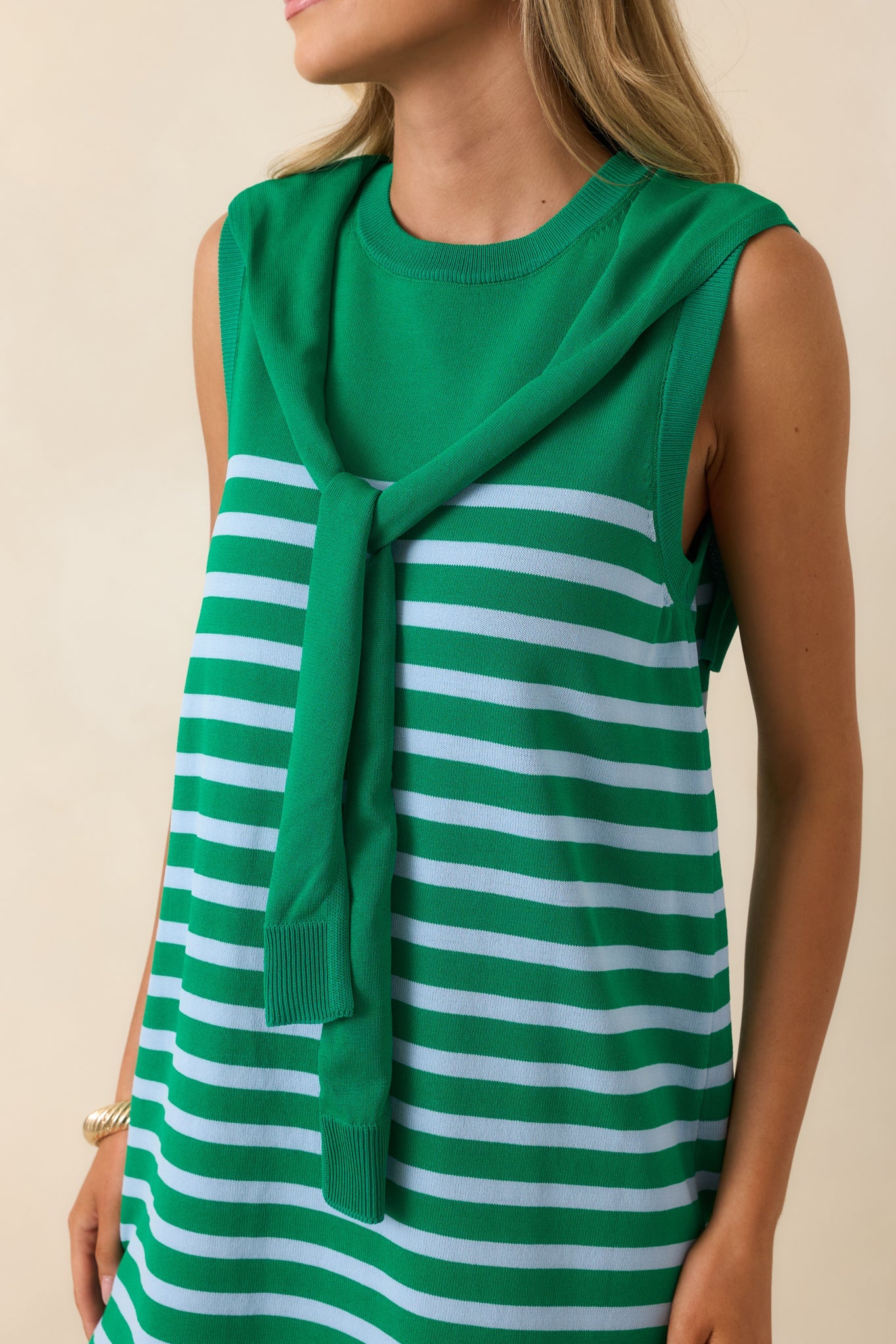Fairway to Friday Green & Light Blue Stripe Layered Sweater Mini Dress
