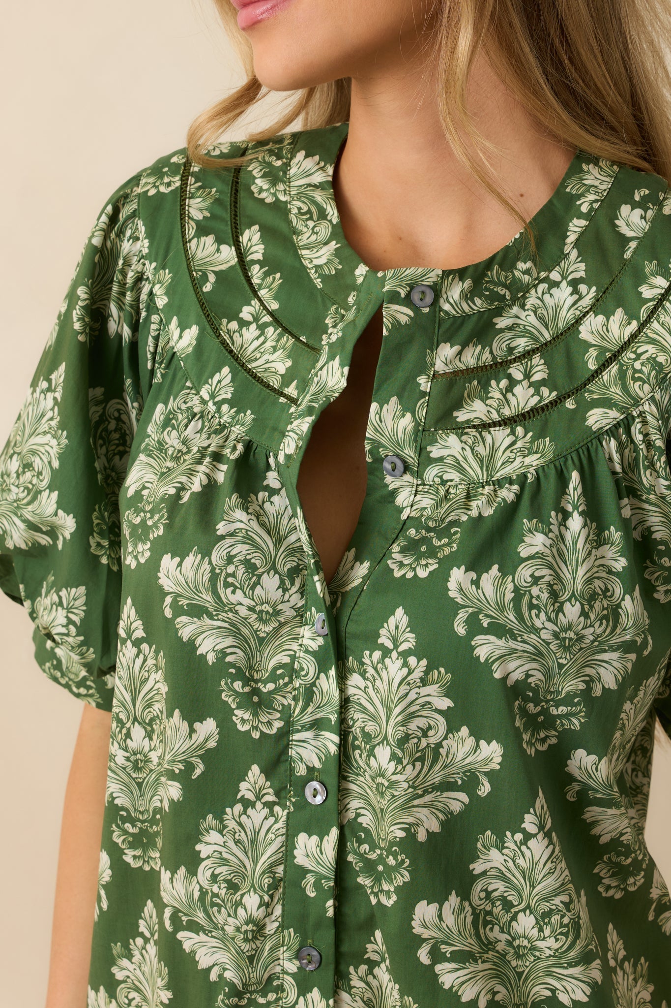 Heirloom Grace Green Damask Print Cotton Mini Dress