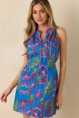 Greetings From the Coast Blue Multi Cotton Tropical Mosaic Print Mini Dress