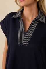 Let It Play Out Navy Knit Contrast Detail V-Neck Short Sleeve Midi Dress