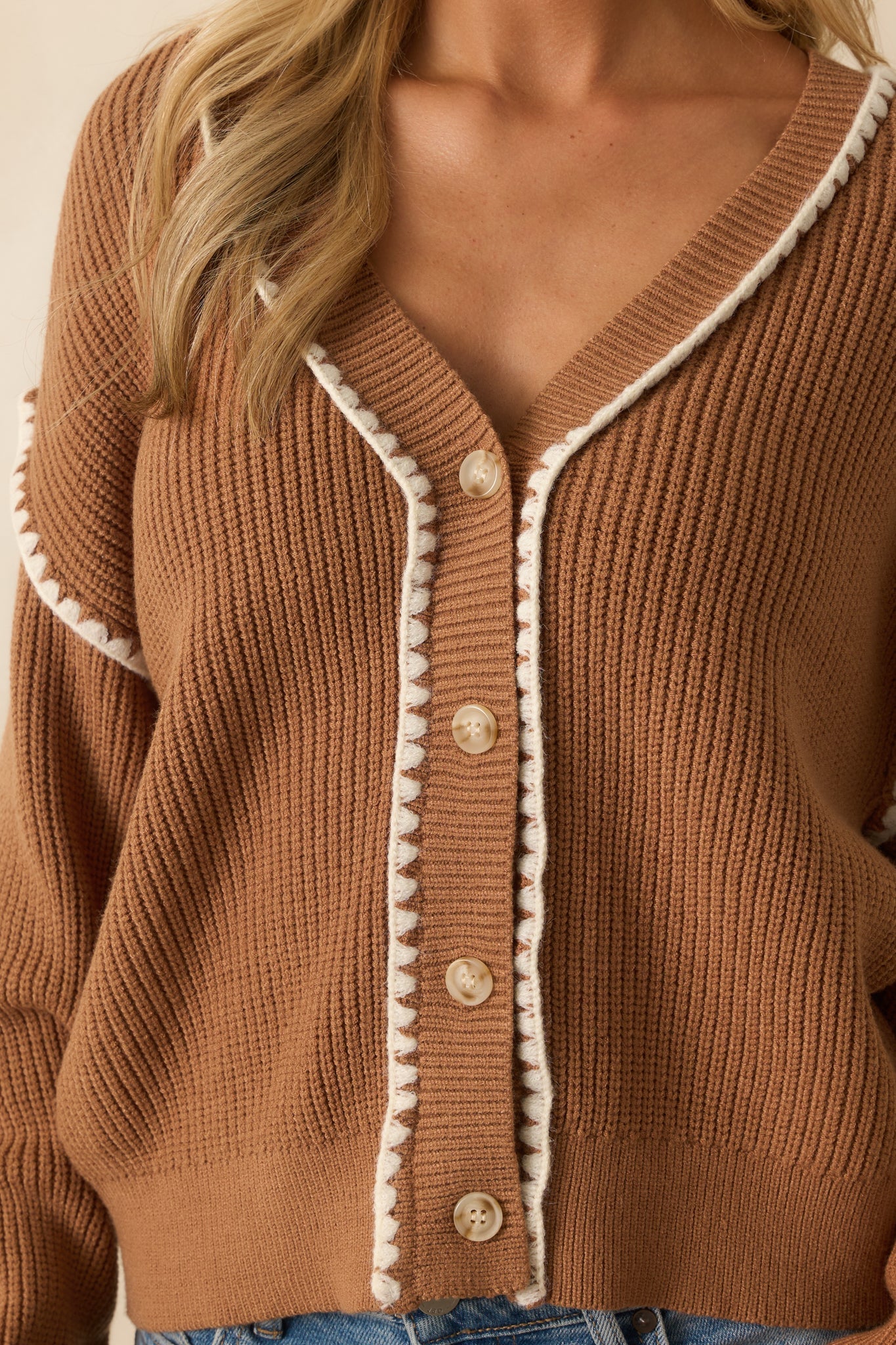 On The Mark Camel Brown Contrast Trim Knit Button Up Cardigan