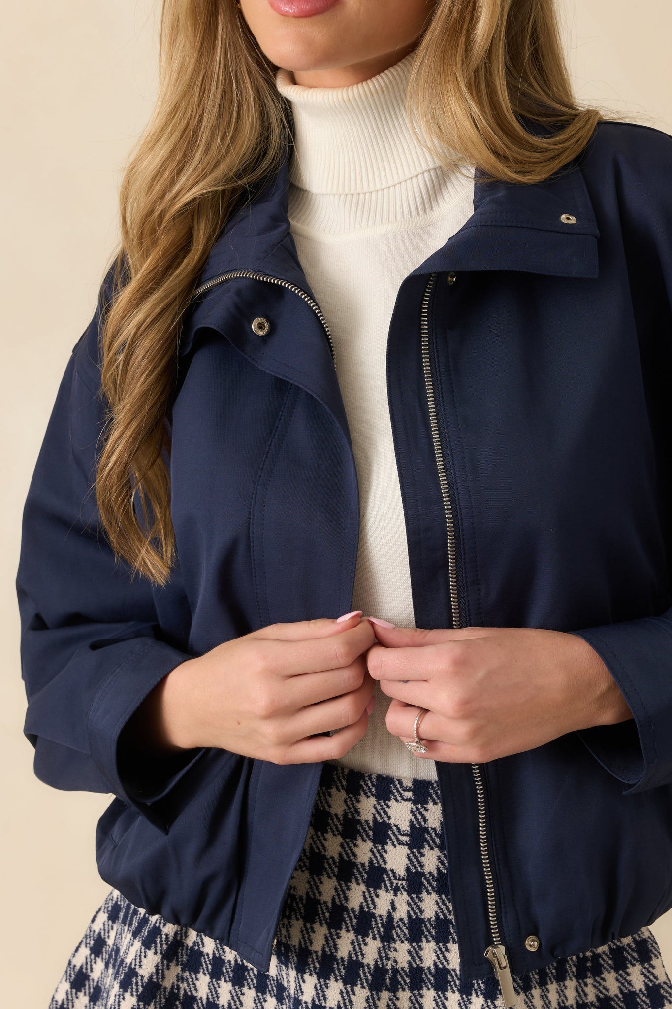 Smooth Finish Navy Blue Zip Up Bomber Jacket
