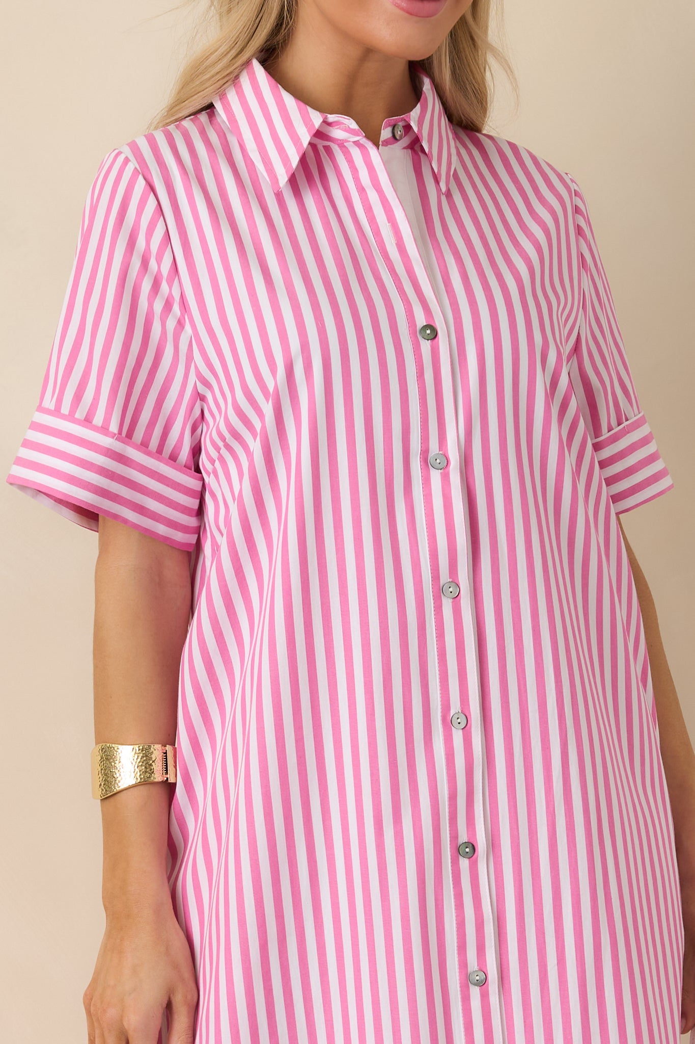Pretty in Pinstripes Pink Cotton Stripe Button Front Maxi Shirt Dress