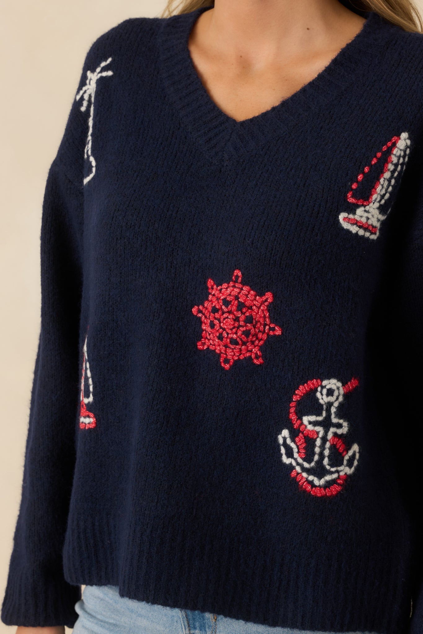 Anchored in Style Navy Multi Knit Nautical V-Neck Sweater