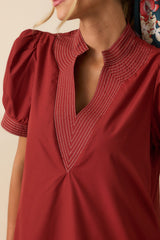 Took The Right Turn Brick Red Cotton Puff Sleeve Mini Dress