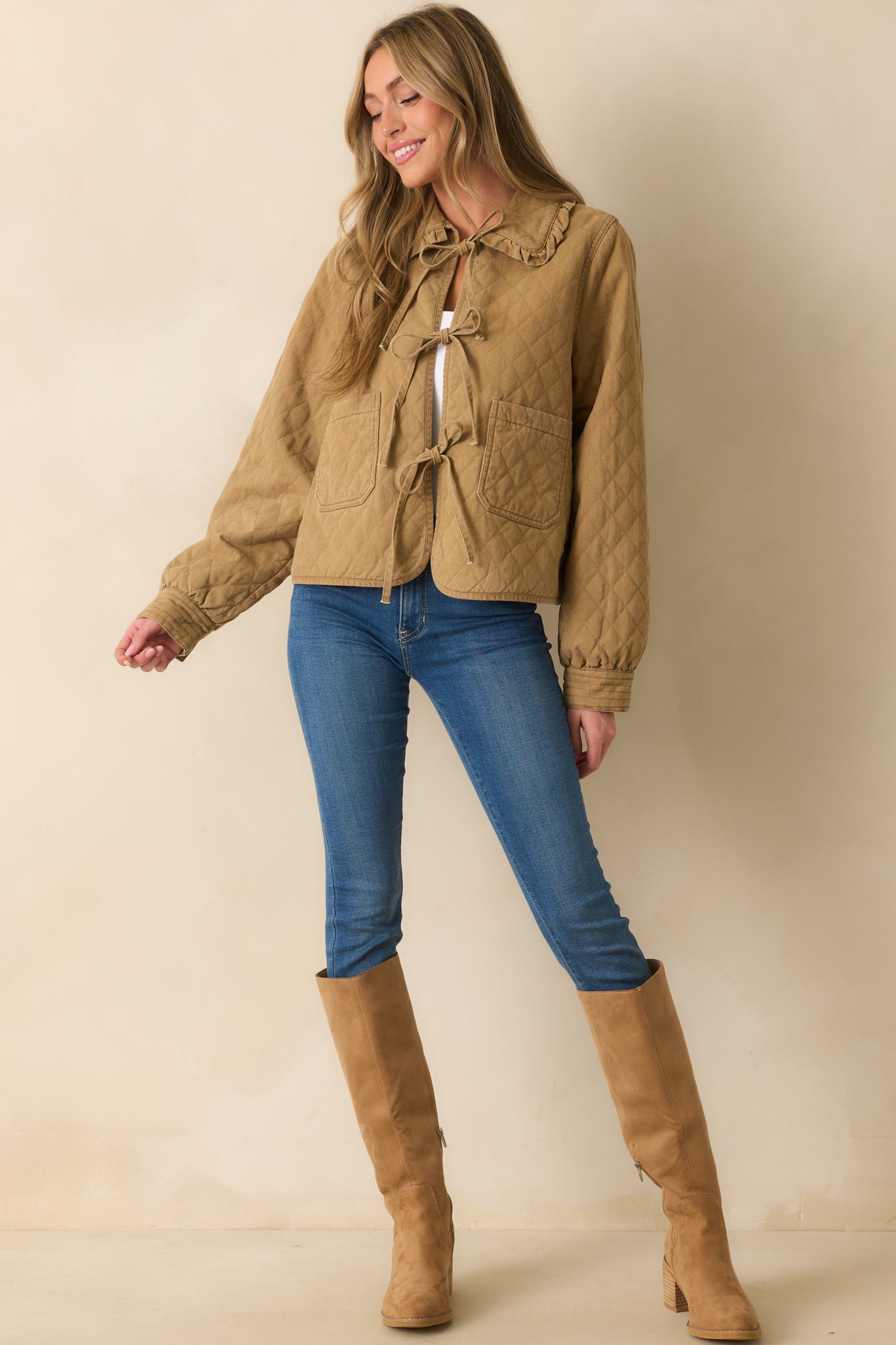 How It Should Be Khaki Brown Quilted Cotton Bow Front Jacket