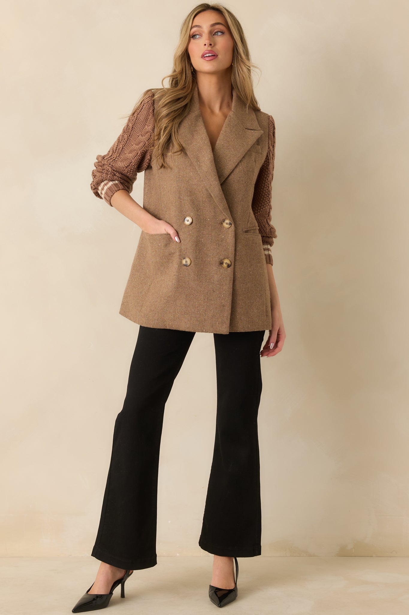 Well Suited Camel Wool Blend Knit Sweater Sleeve Blazer