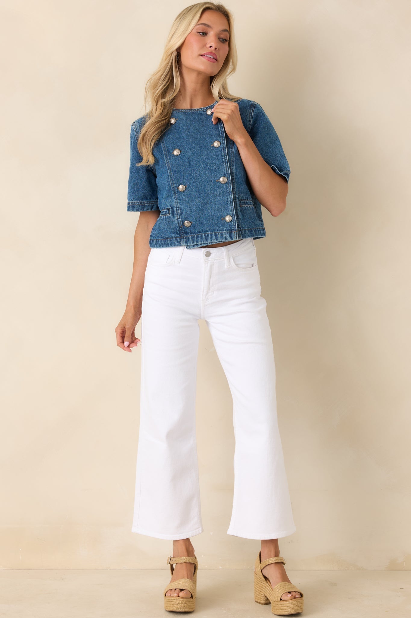 Across the Way Medium Wash Cotton Denim Double Breasted Top