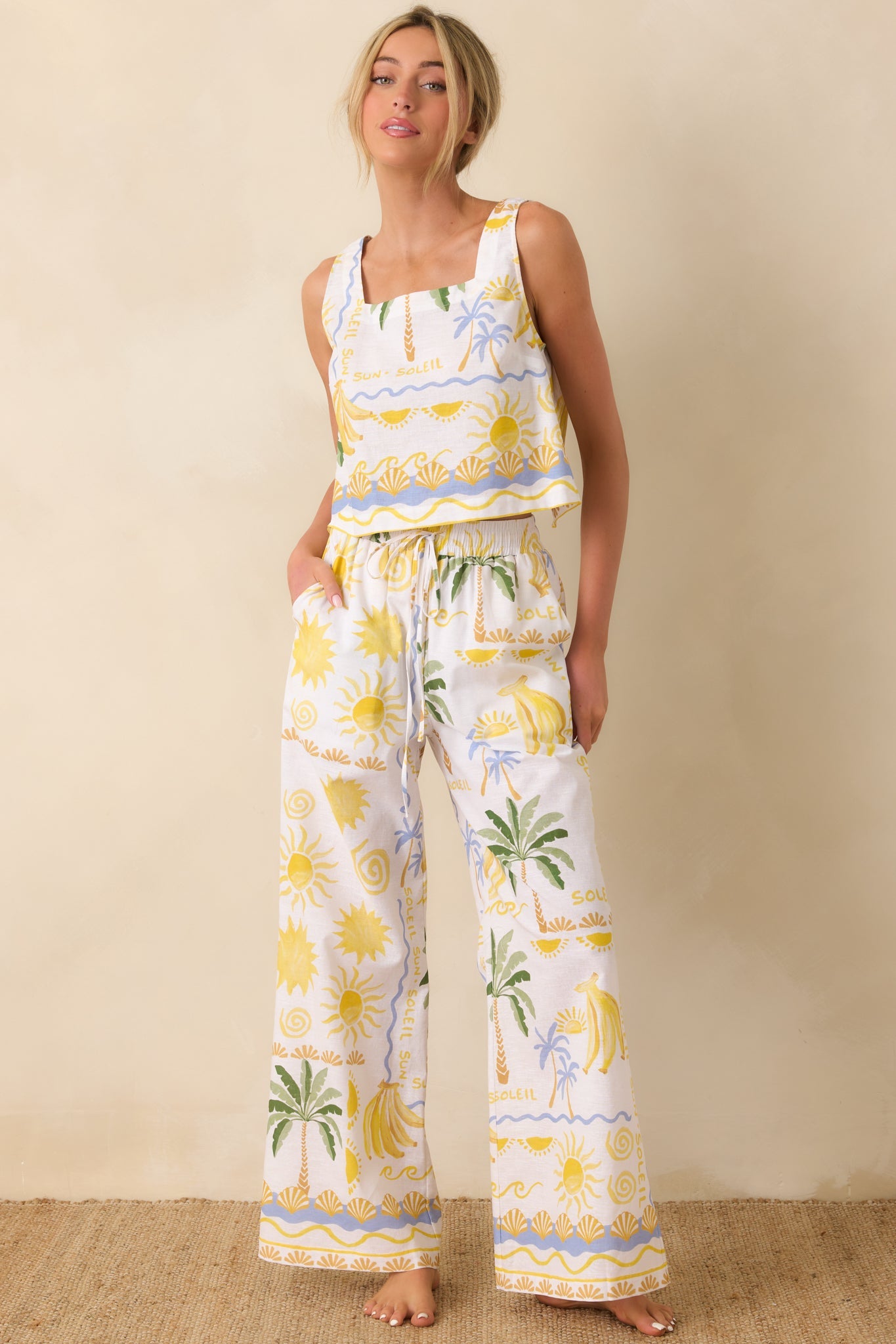 Paradisa Gulf Coast White Multi Linen Blend Tropical Print Pants