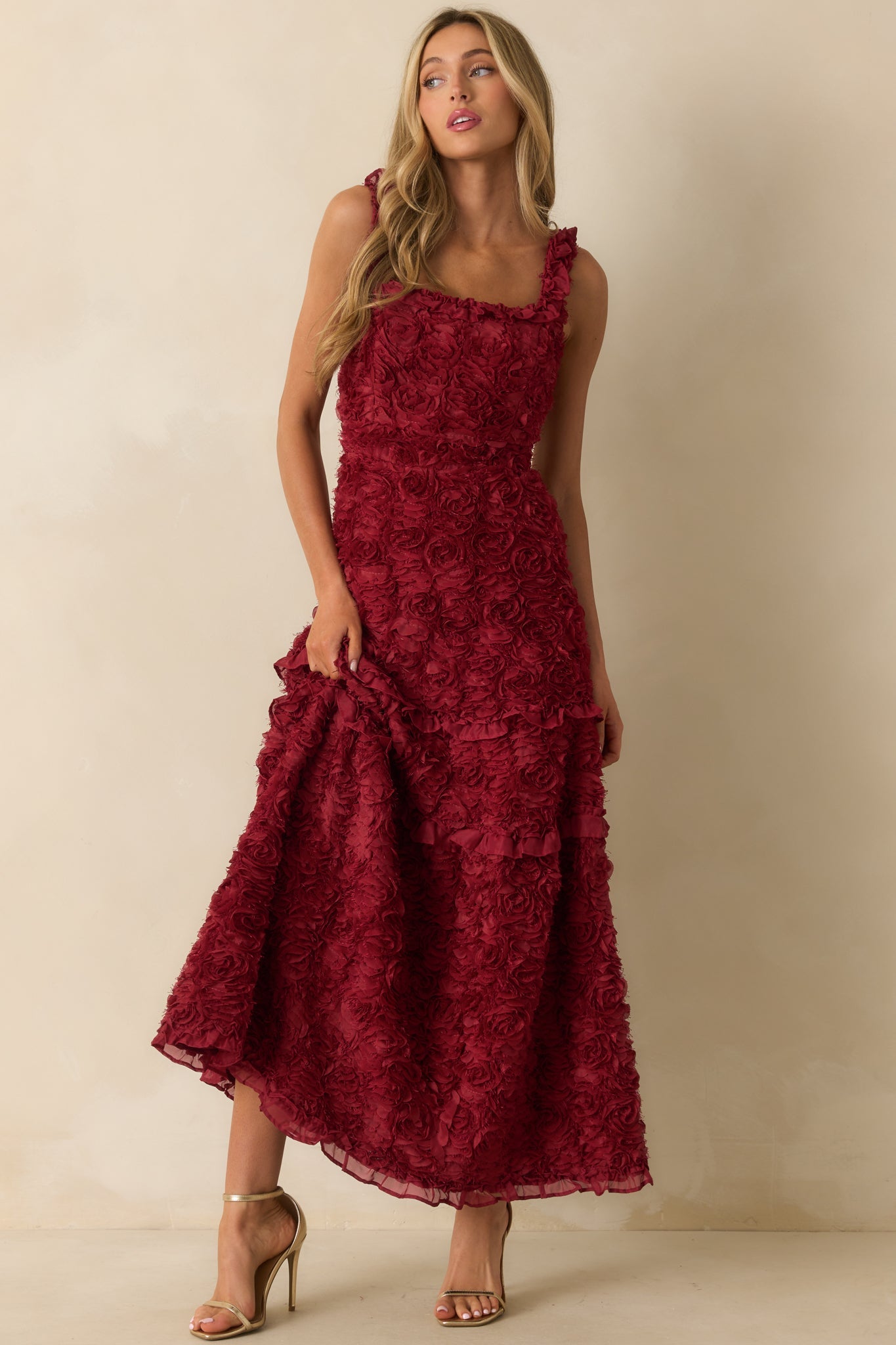 Something Good Wine Red Floral Applique Maxi Dress
