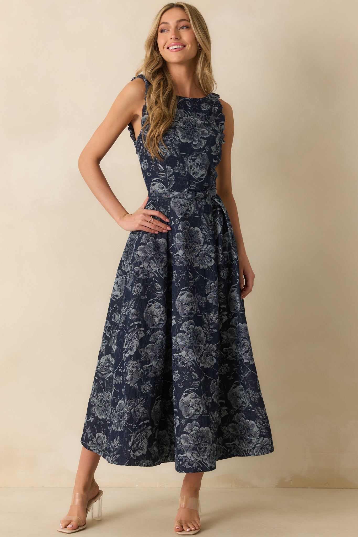 Here's The Thing Navy Floral Denim Jacquard Sleeveless Maxi Dress