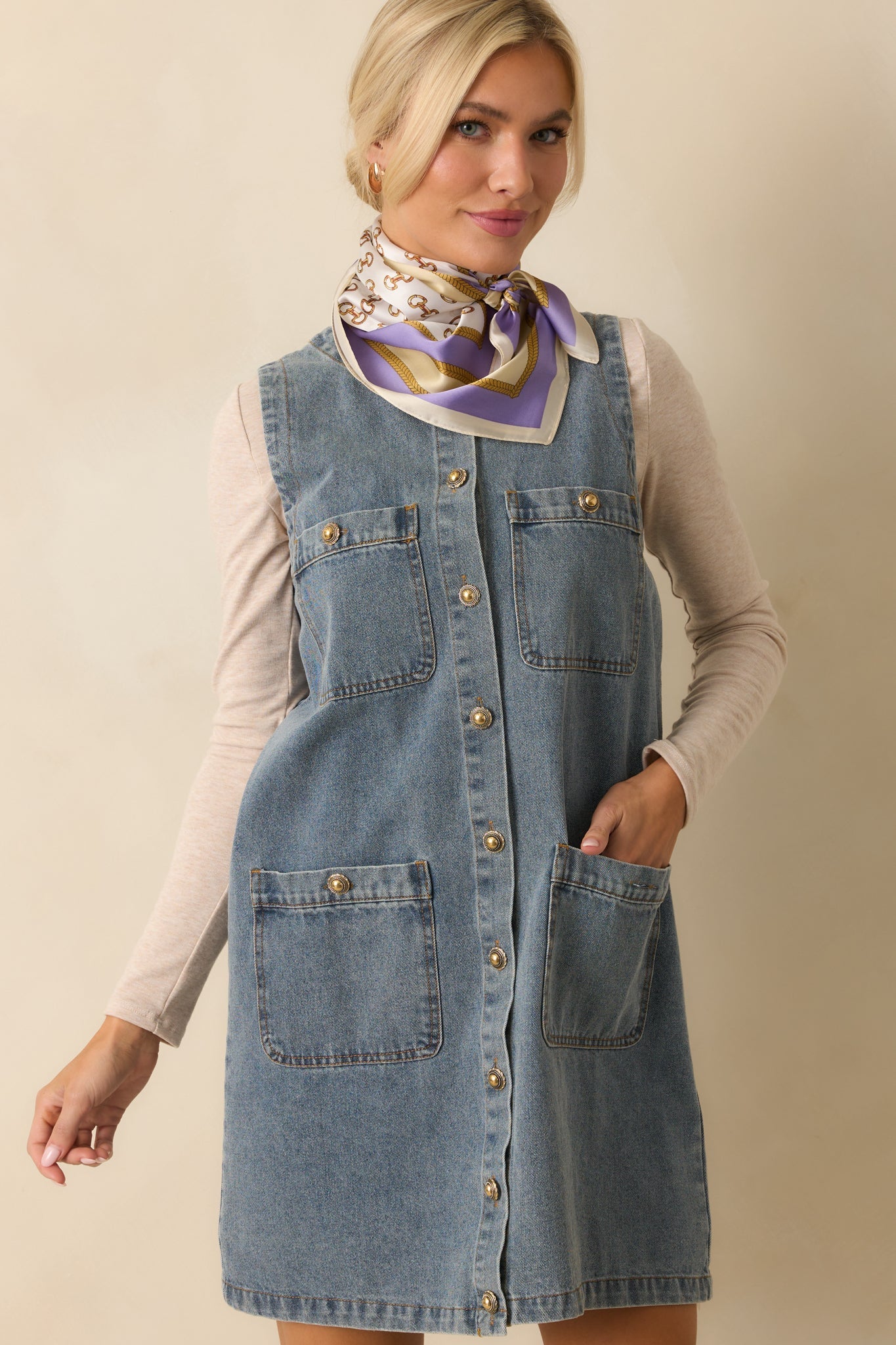 Urban Legend Medium Wash Button Front Denim Mini Dress