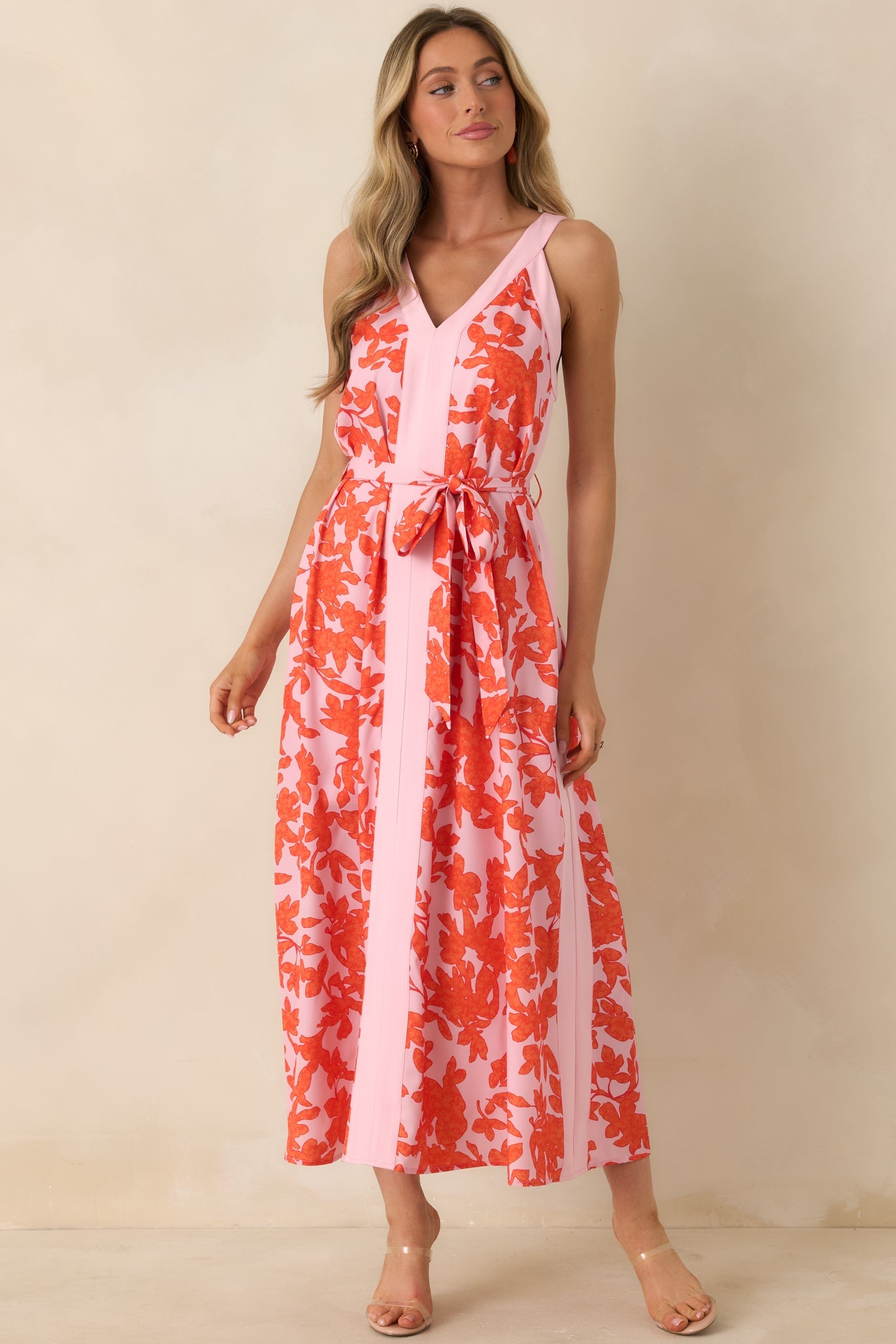 Living For It Orange & Light Pink Floral V-Neck Tie Belt Dress