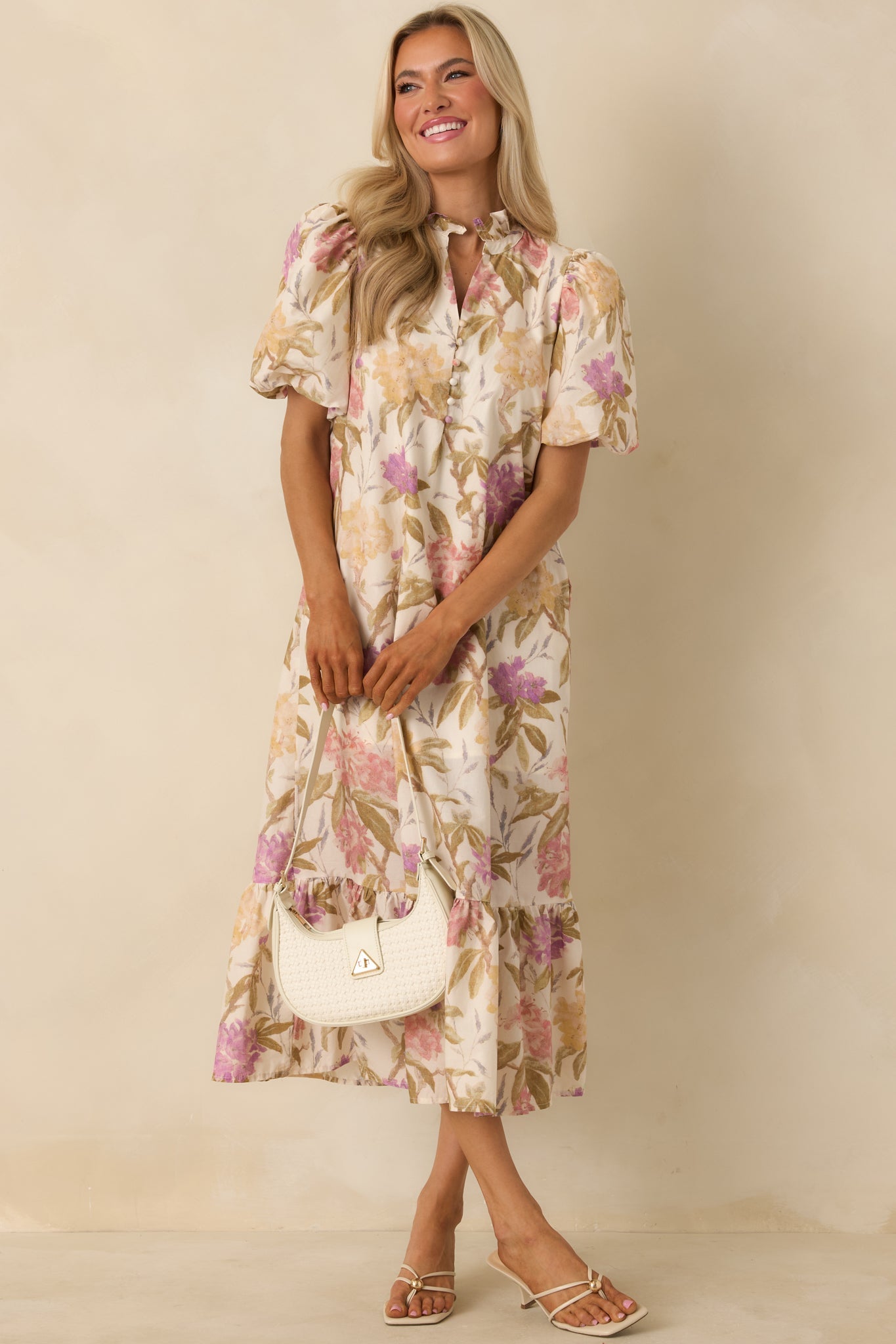 Just Can't Help Yourself Ivory Multi Floral Print Cotton Puff Sleeve Maxi Dress
