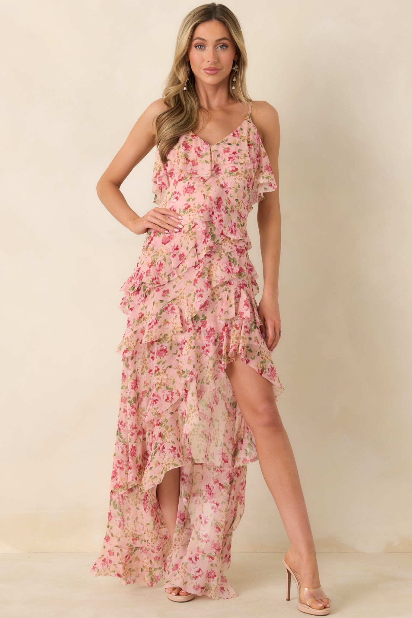 Keep Me Twirling Blush Pink Multi Floral Ruffle Asymmetrical Maxi Dress