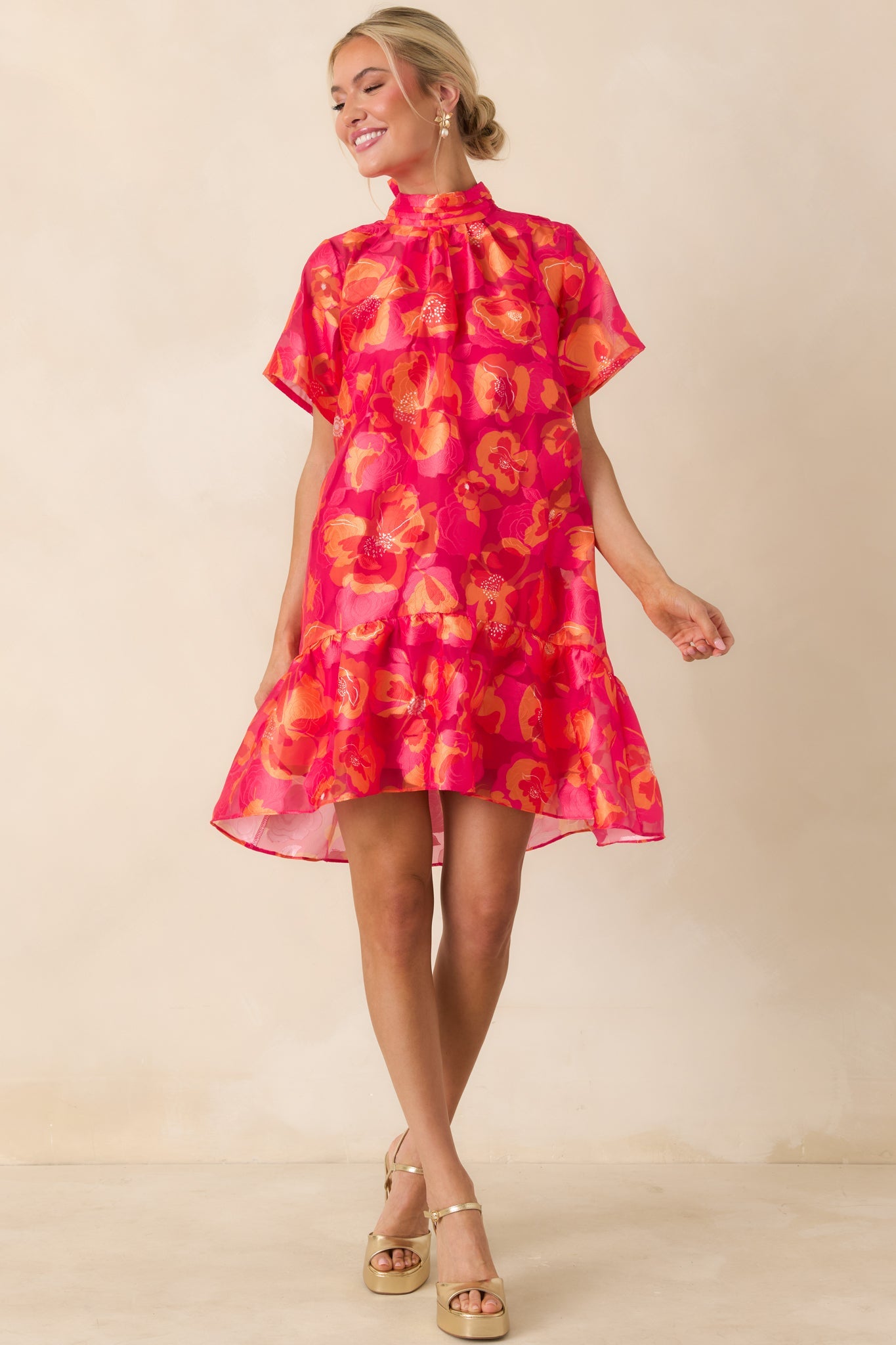 Turn It Up Fuchsia & Orange Floral Tie Back Mini Dress