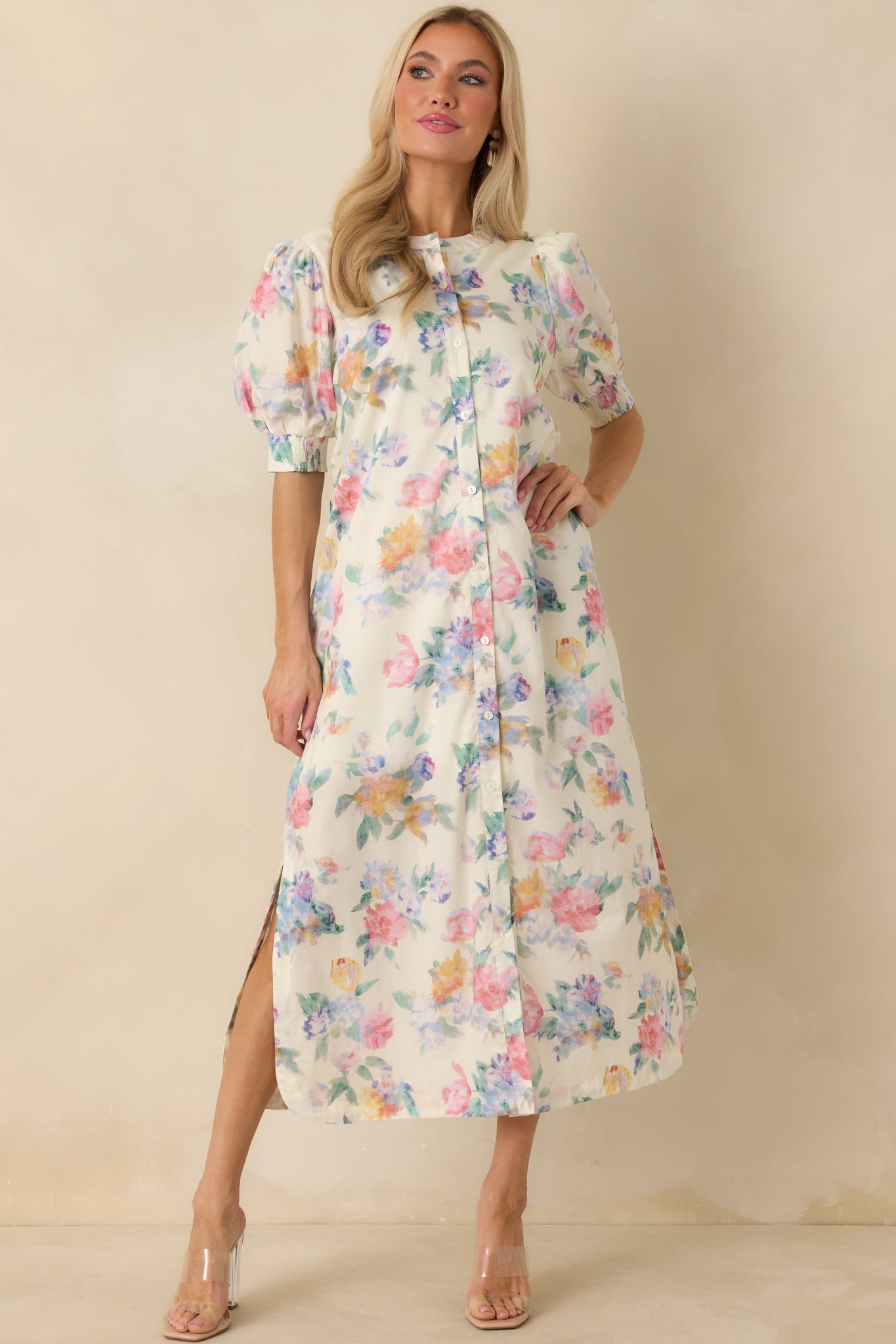 Whispering Brush Strokes White Multi Cotton Floral Puff Sleeve Maxi Dress