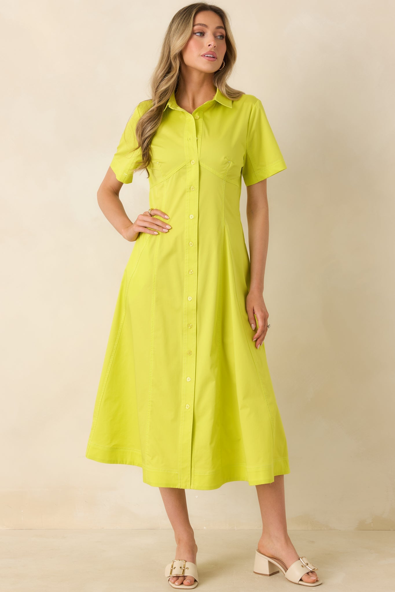 Make It Look Easy Chartreuse Short Sleeve Midi Shirt Dress