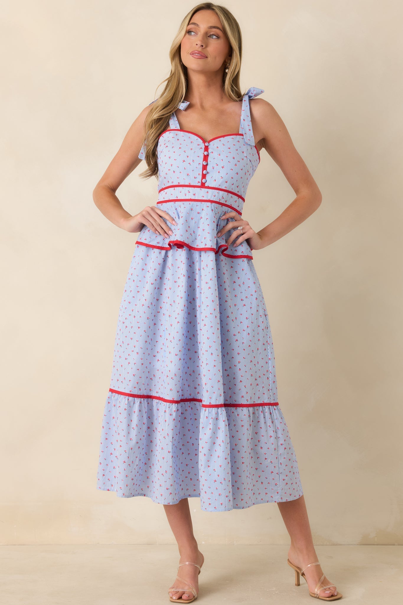 Sweet Tea in July Light Blue & Red Cotton Floral Stripe Peplum Midi Dress