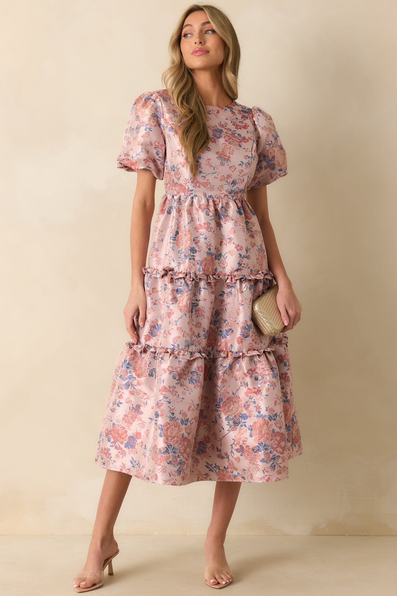 Follow My Lead Mauve Floral Jacquard Midi Dress