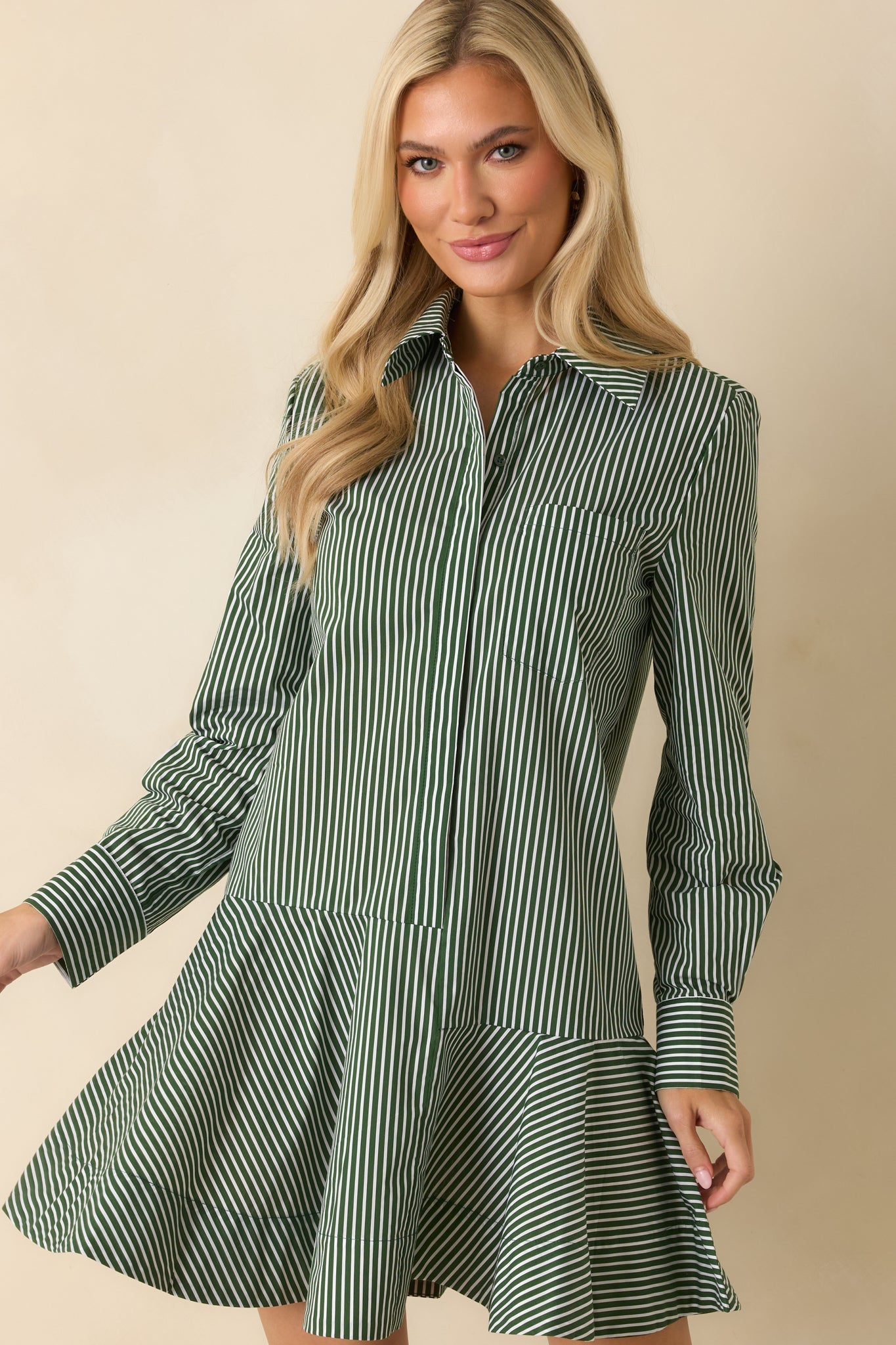 Perfectly Aligned Dark Olive Stripe Long Sleeve Shirt Dress