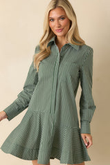 Perfectly Aligned Dark Olive Stripe Long Sleeve Shirt Dress