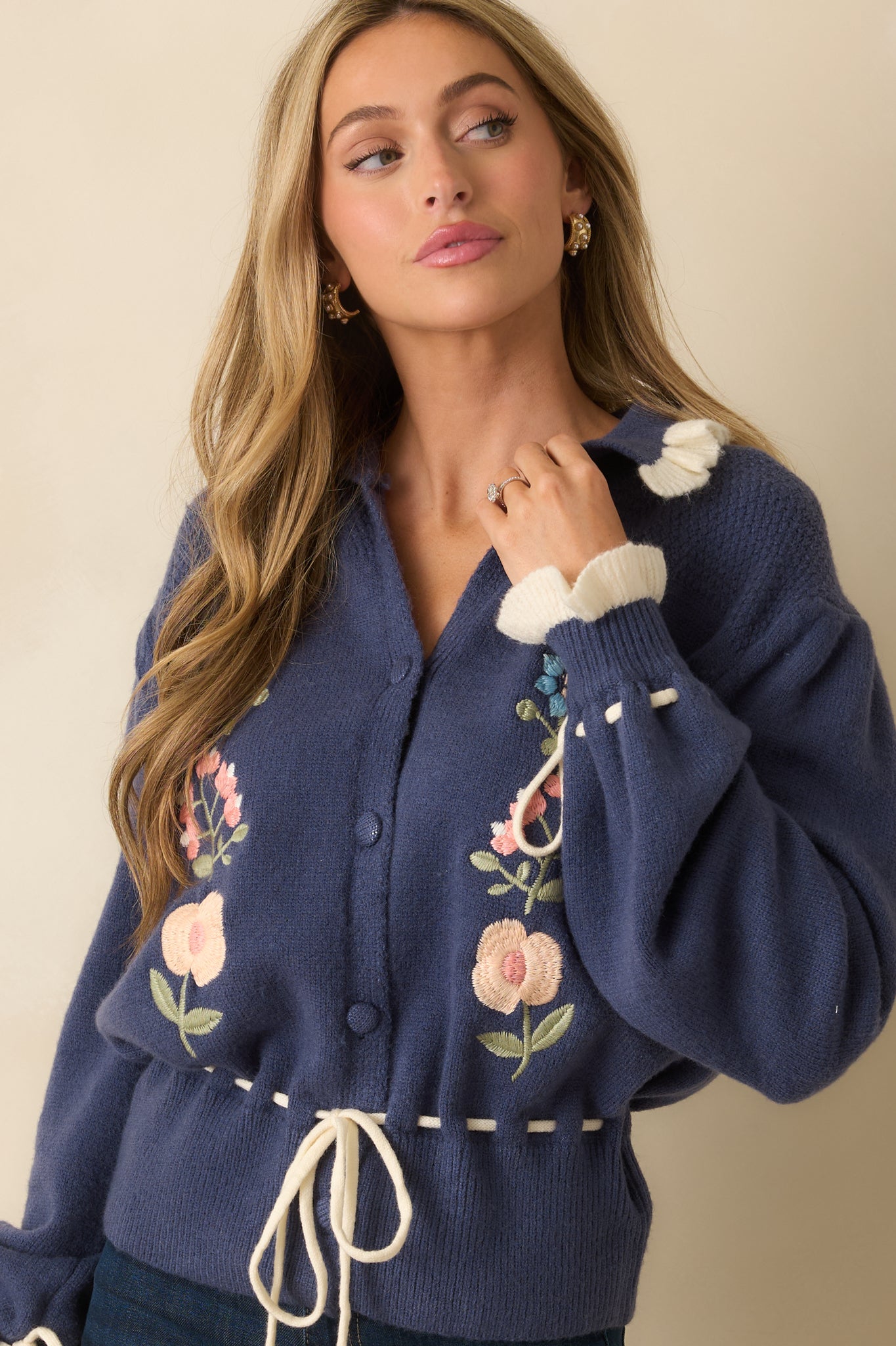 Nothing Better Dusty Blue Floral Embroidered Drawstring Waist Cardigan