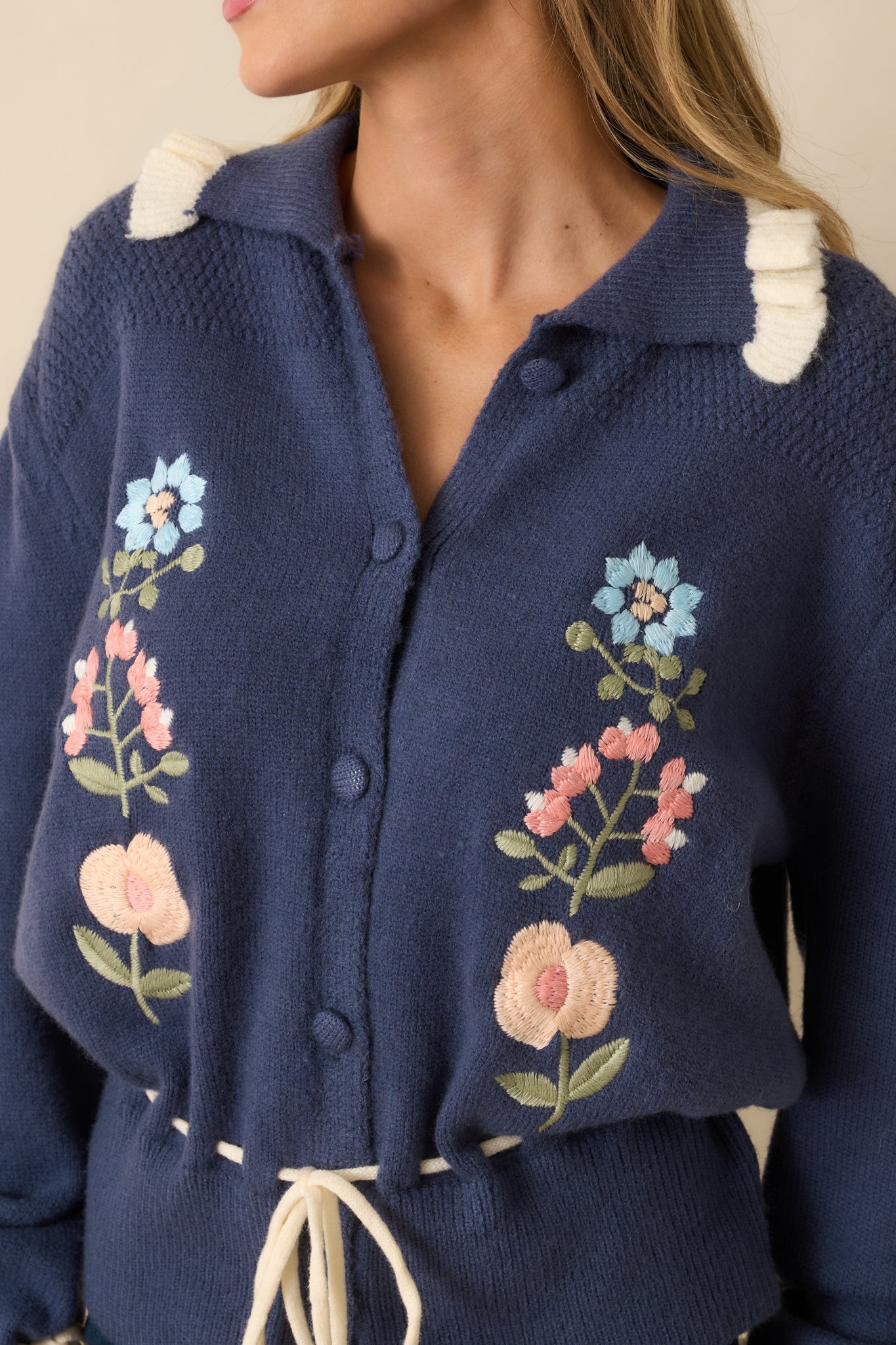 Nothing Better Dusty Blue Floral Embroidered Drawstring Waist Cardigan