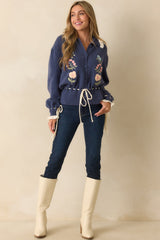 Nothing Better Dusty Blue Floral Embroidered Drawstring Waist Cardigan