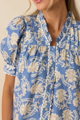 Prosperina Gretchen Dusty Blue & Ivory Cotton Floral Blouse
