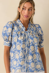 Prosperina Gretchen Dusty Blue & Ivory Cotton Floral Blouse