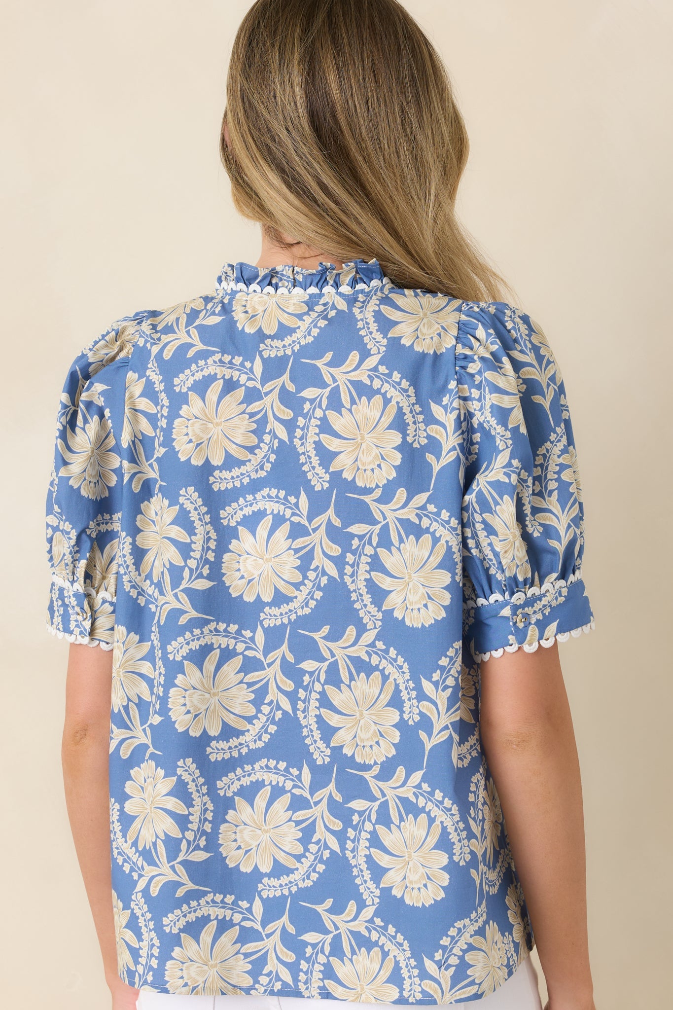 Prosperina Gretchen Dusty Blue & Ivory Cotton Floral Blouse