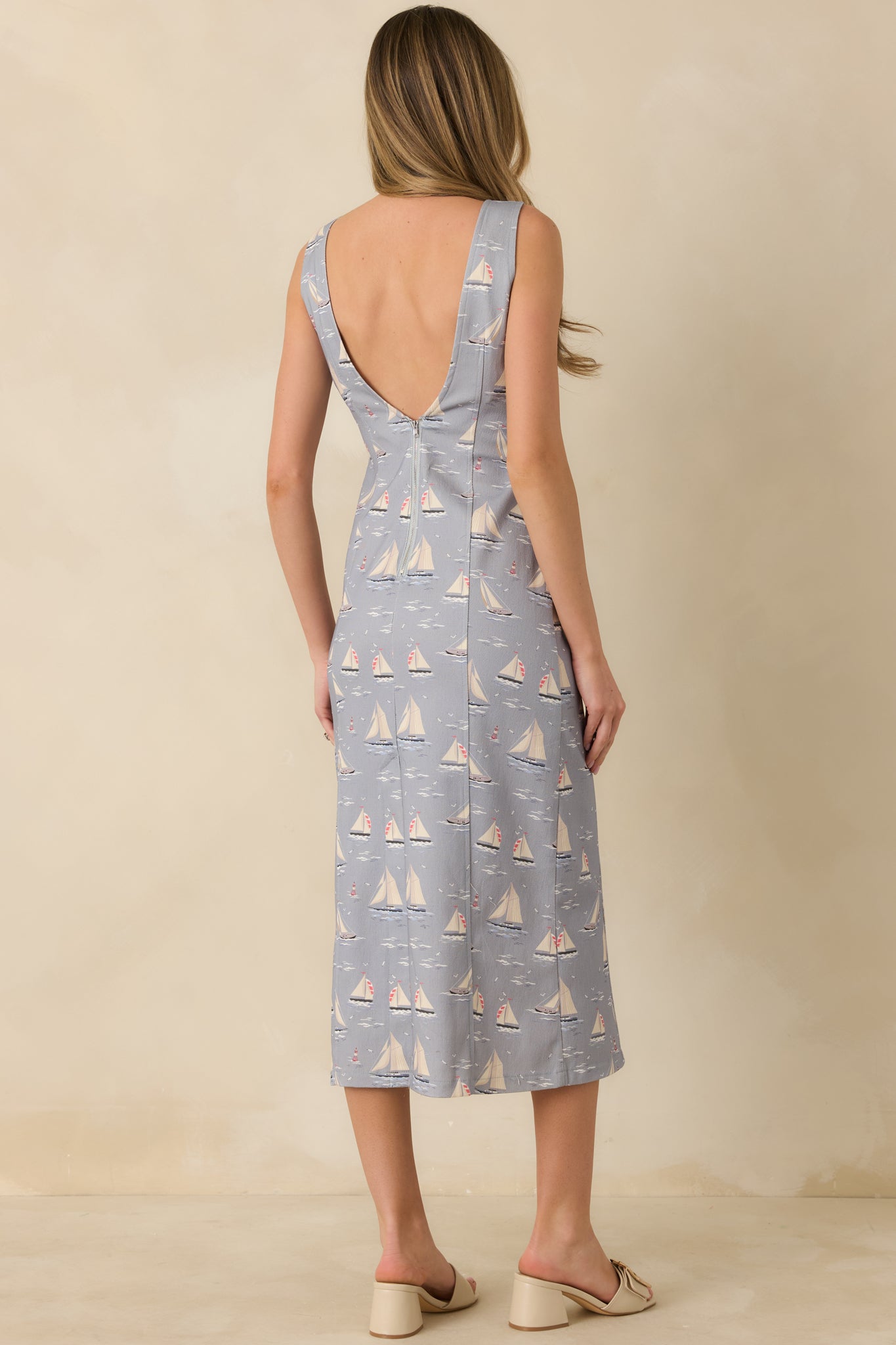 On Deck Darling Dusty Blue Cotton Blend Nautical Sleeveless Midi Dress