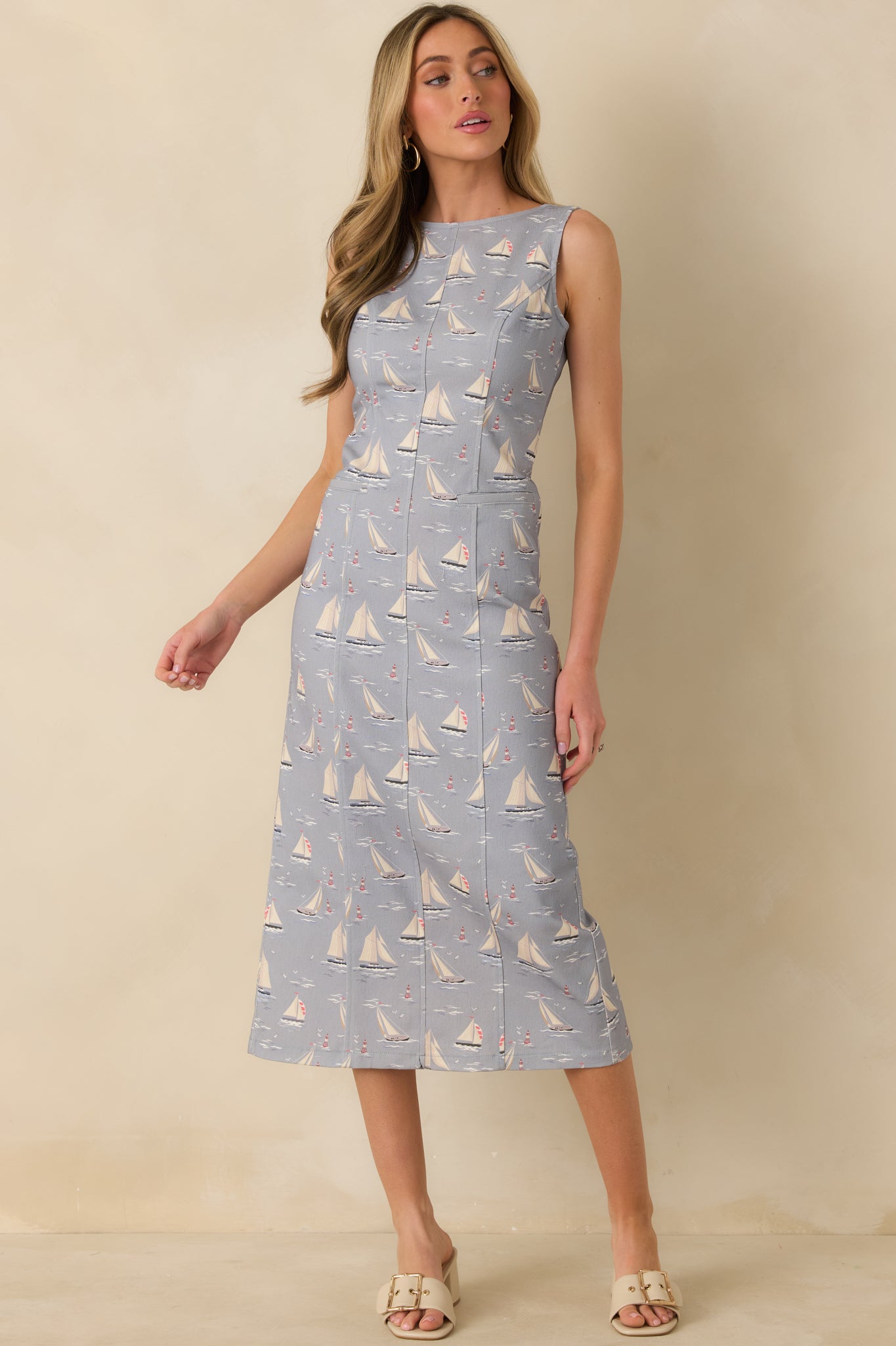 On Deck Darling Dusty Blue Cotton Blend Nautical Sleeveless Midi Dress