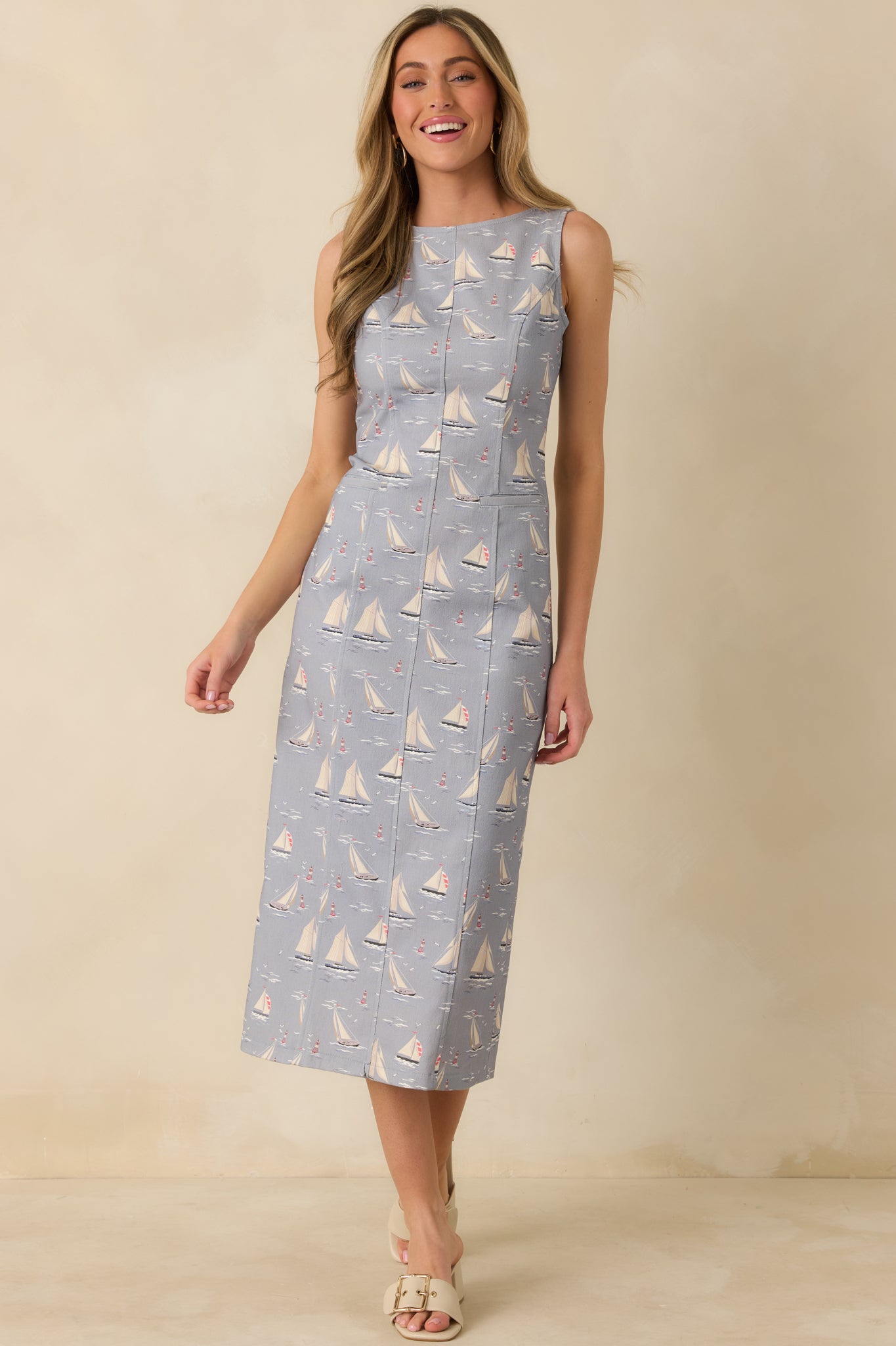 On Deck Darling Dusty Blue Cotton Blend Nautical Sleeveless Midi Dress