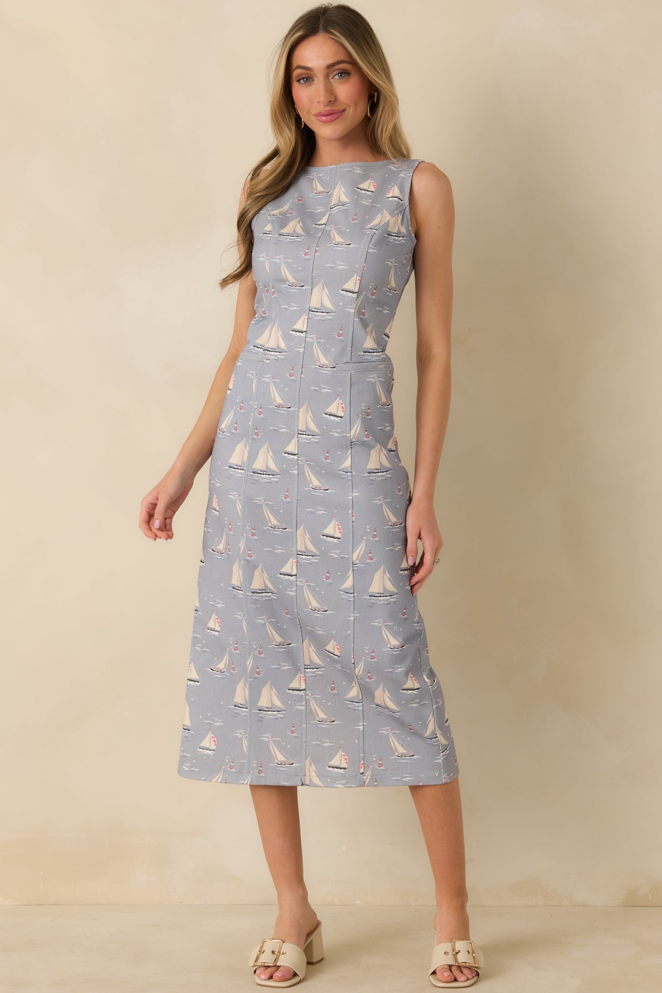On Deck Darling Dusty Blue Cotton Blend Nautical Sleeveless Midi Dress