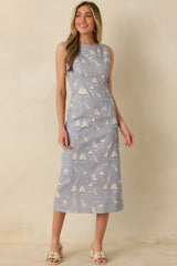 On Deck Darling Dusty Blue Cotton Blend Nautical Sleeveless Midi Dress